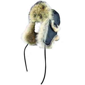 FUR HAT, BLACK LEATHER WITH COYOTE FUR - XL