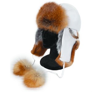 Fur Hat, White Leather With Red Fox Fur & Poms