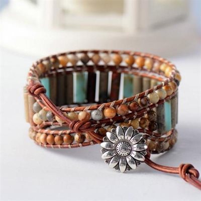 Bracelets - Natural Jasper Wrap W/ Sunflower