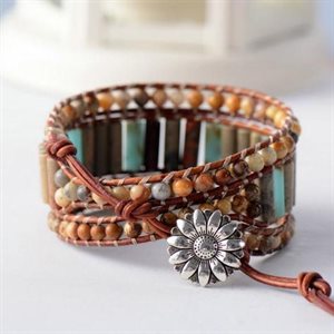 Bracelets - Natural Jasper Wrap W/ Sunflower