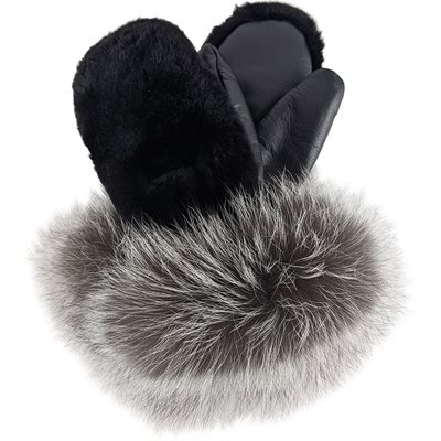 Black Sheared Beaver MIitts (Silver Fox Cuff) - Large