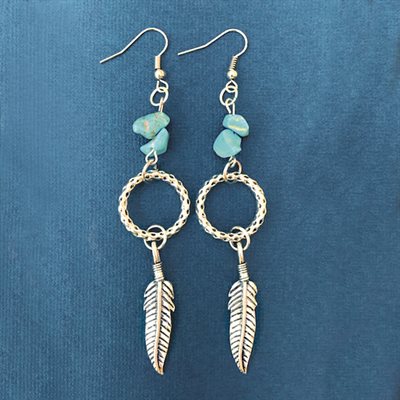 Silver Earings With Rocks And Feathers
