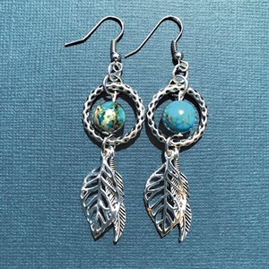 Silver Earings With Bead And Two Feathers