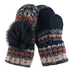 Icelandic Wool Mitts - Black/Rust (Black Fox Fur)